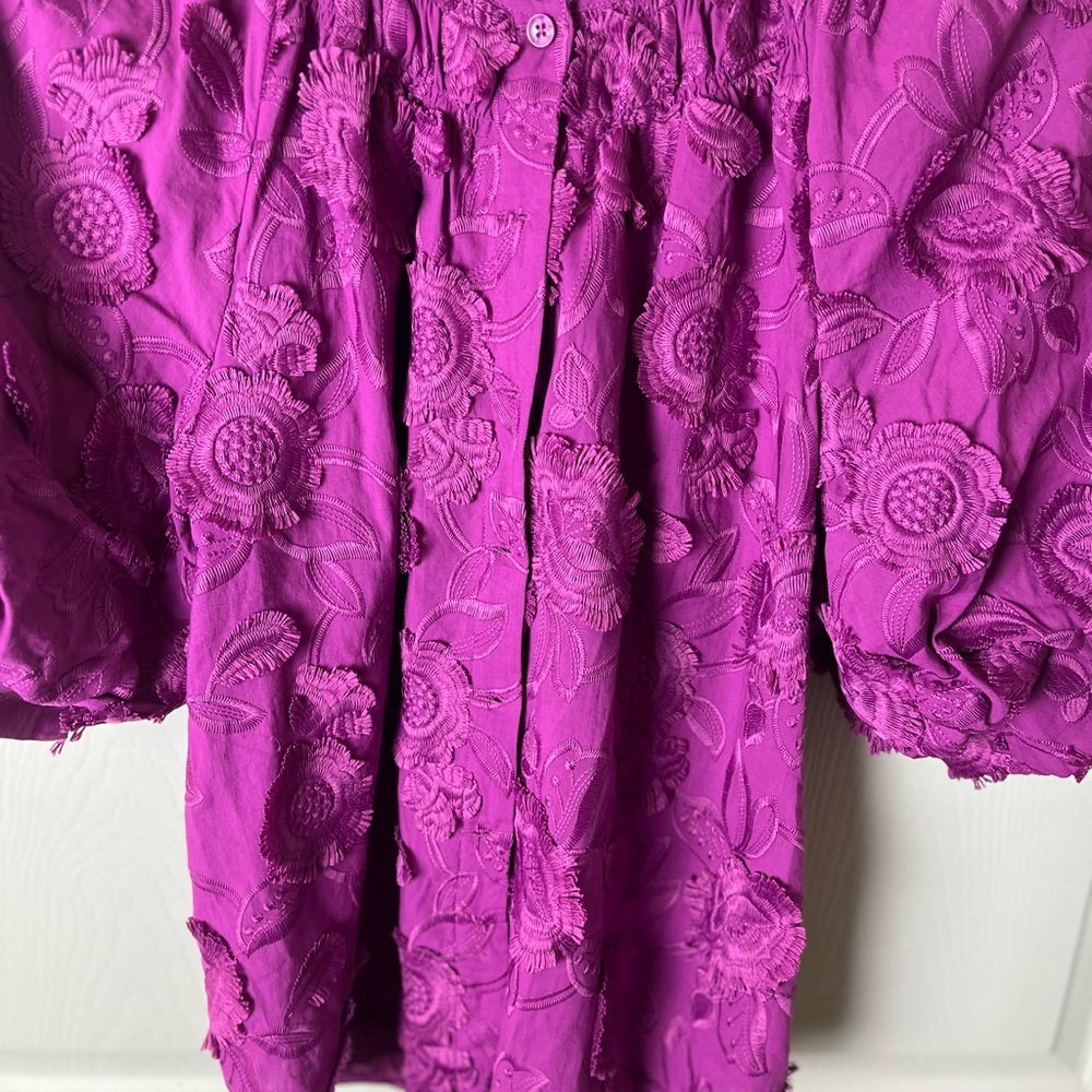 Chico's Fuchsia Floral Appliqué Puff-Sleeve Blouse - Picture 2 of 6